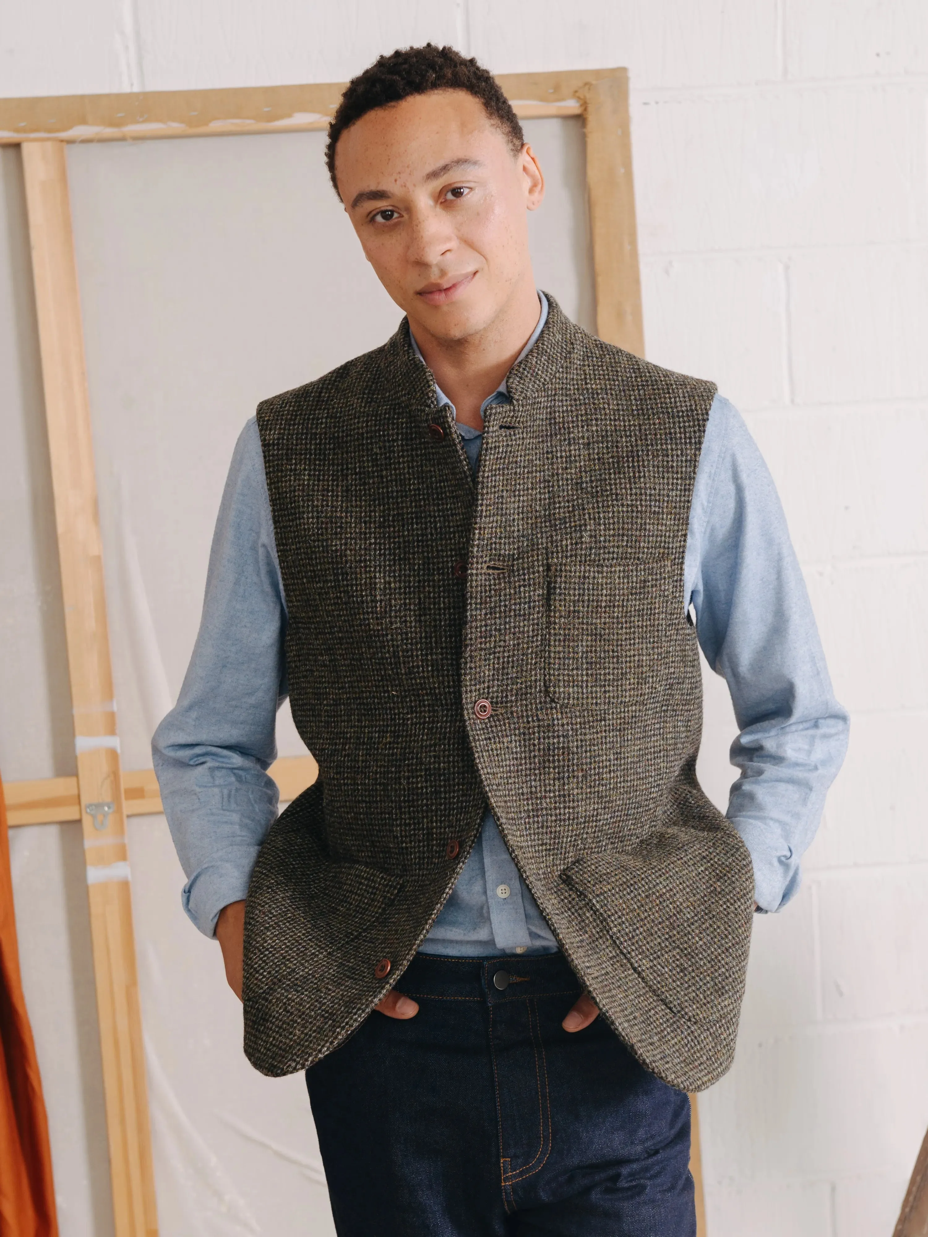 Green Harris Tweed Nehru Waistcoat