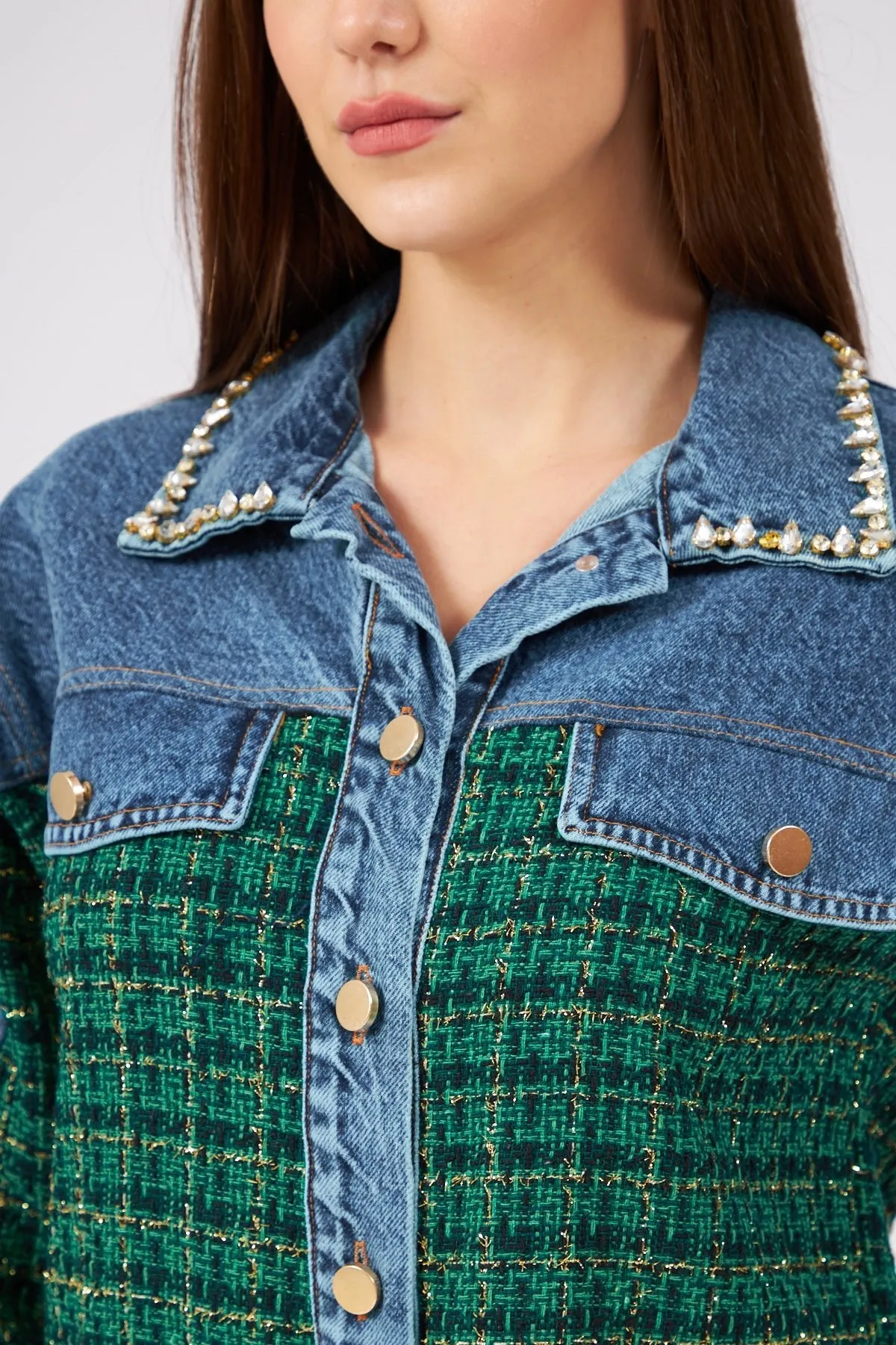 Green Tweed Detailed Denim Jacket with Stone Collar
