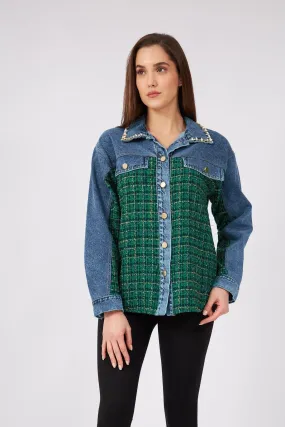 Green Tweed Detailed Denim Jacket with Stone Collar