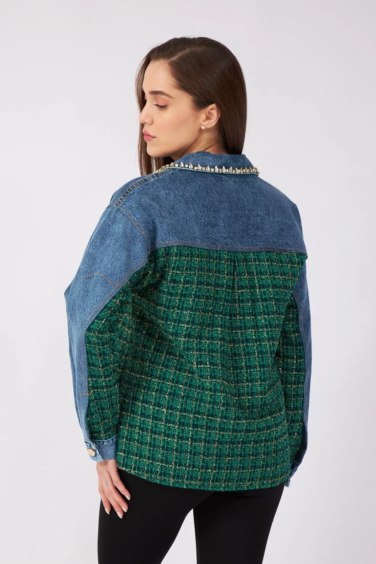 Green Tweed Detailed Denim Jacket with Stone Collar