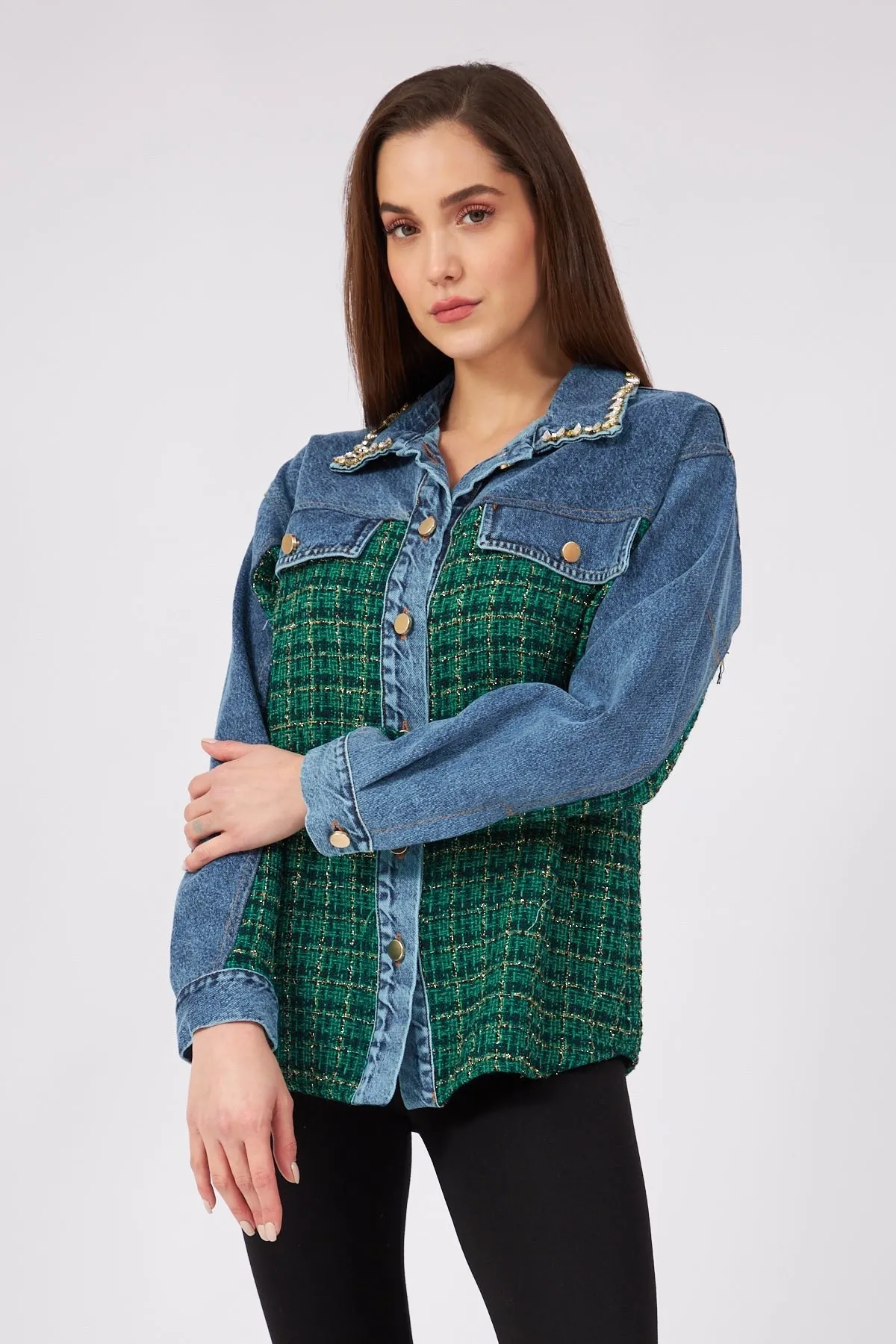 Green Tweed Detailed Denim Jacket with Stone Collar