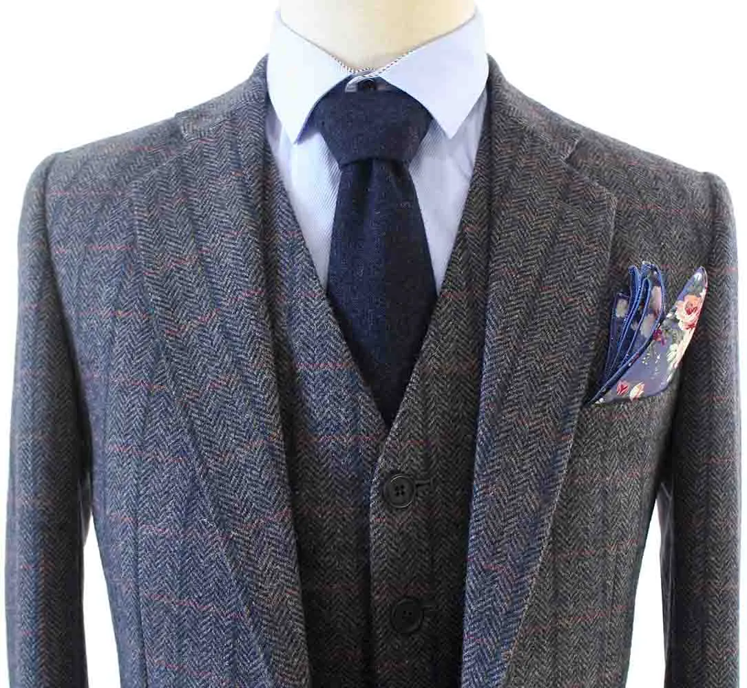 GREY WINDOWPANE HERRINGBONE TWEED 3 PIECE SUIT