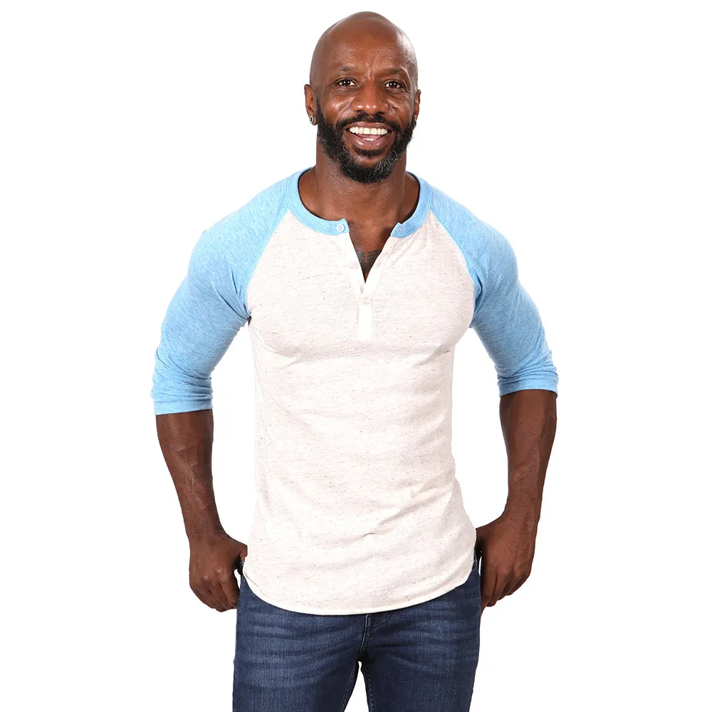 Heather & Light Blue Contrast 3/4 Raglan Sleeve Tri-Blend Henley - Made In USA (XXL Available))