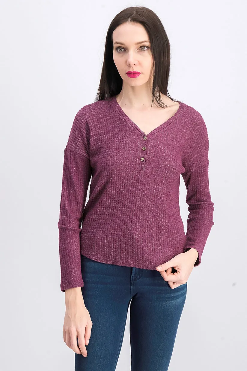 Hippie Rose Juniors' Henley Waffle Knit Top Purple Size Extra Large