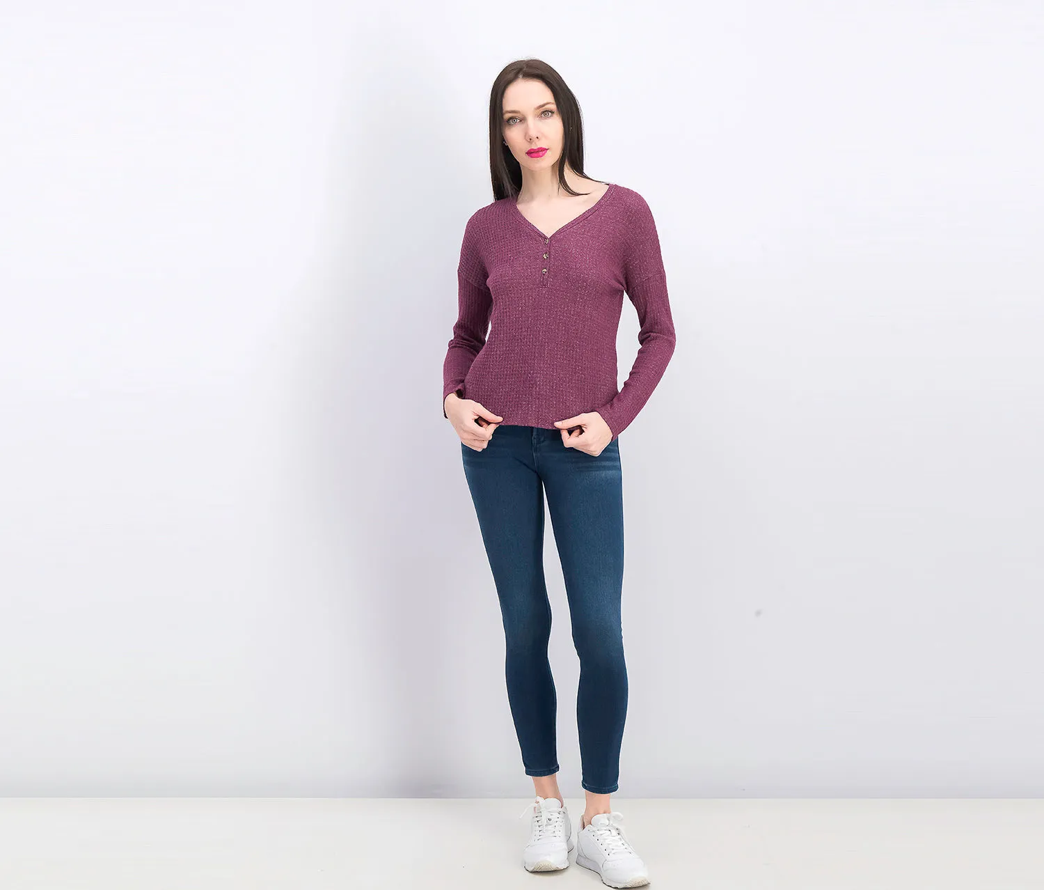 Hippie Rose Juniors' Henley Waffle Knit Top Purple Size Extra Large