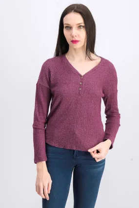 Hippie Rose Juniors' Henley Waffle Knit Top Purple Size Extra Large