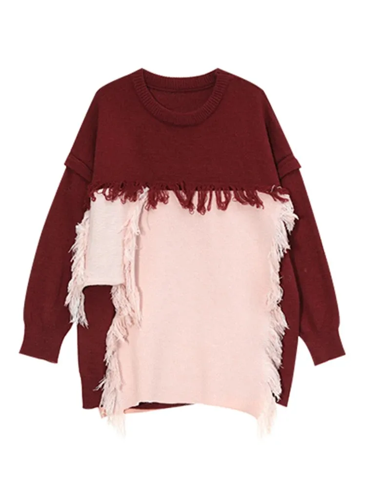 Hit Color Loose Knitting Sweaters For Women Round Neck Long Sleeves Pullover Sweater Female Fashion Clothing