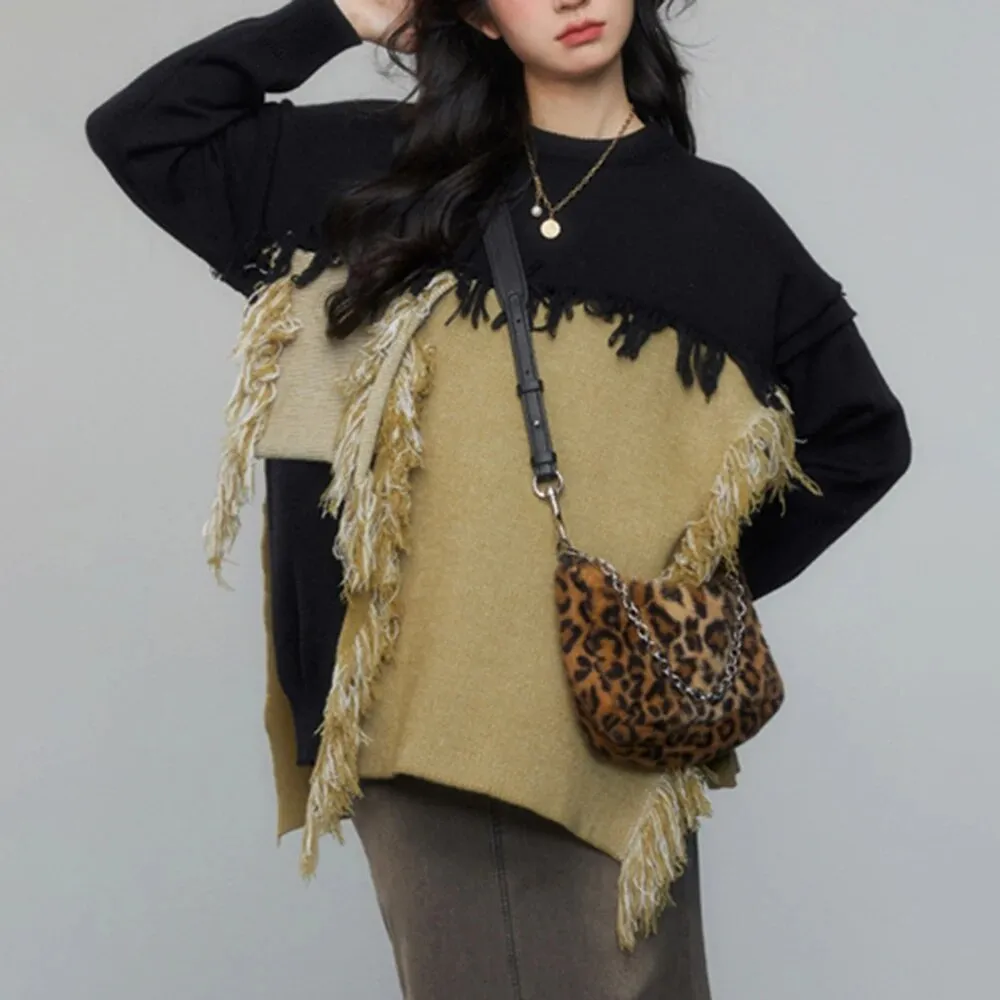 Hit Color Loose Knitting Sweaters For Women Round Neck Long Sleeves Pullover Sweater Female Fashion Clothing