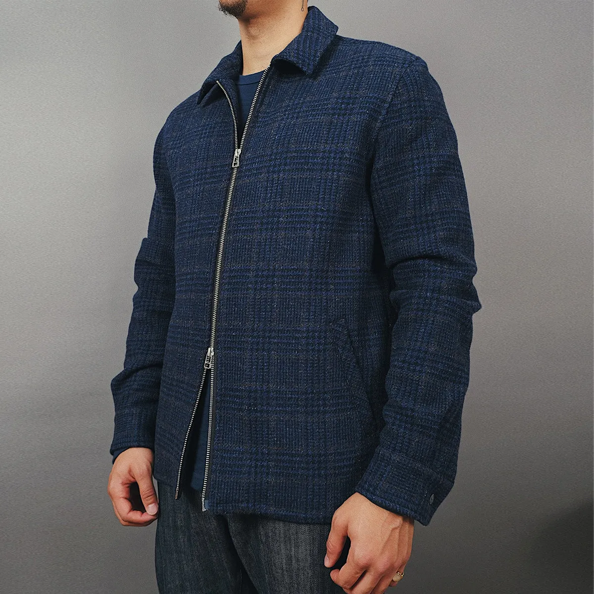 Houndstooth Wool Zip Overshirt - Navy Plaid