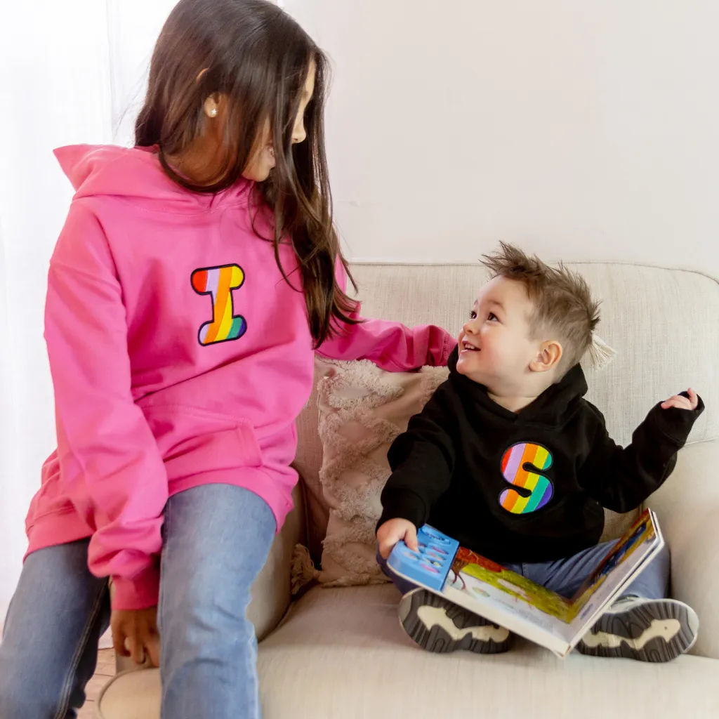 Kids Rainbow Embroidered Initial Pink Hoodie