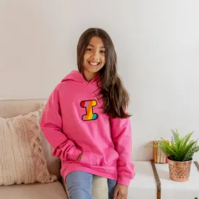 Kids Rainbow Embroidered Initial Pink Hoodie