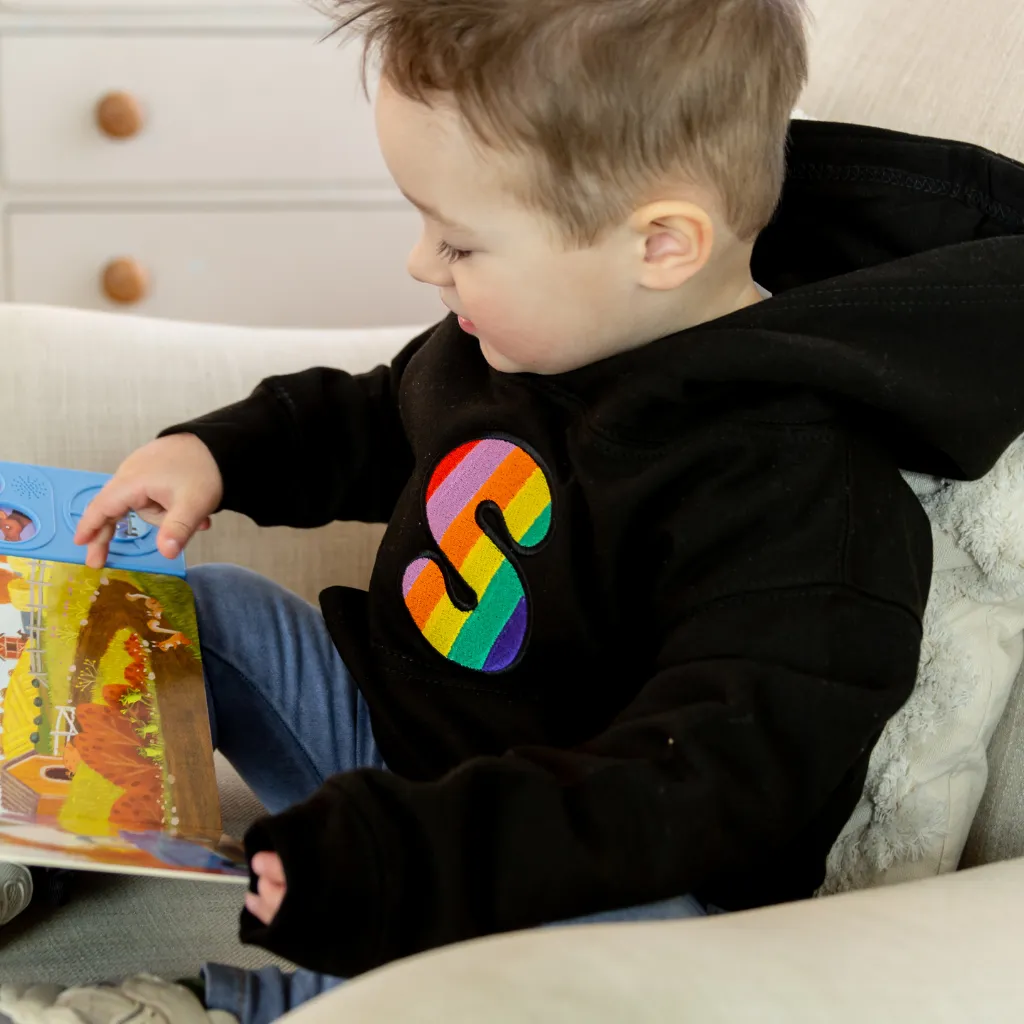 Kids Rainbow Embroidered Initial Pink Hoodie