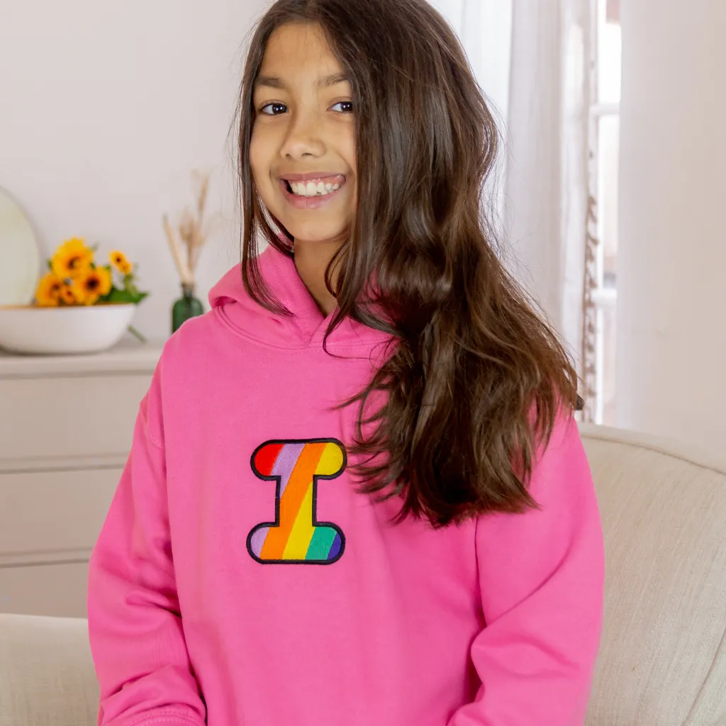 Kids Rainbow Embroidered Initial Pink Hoodie