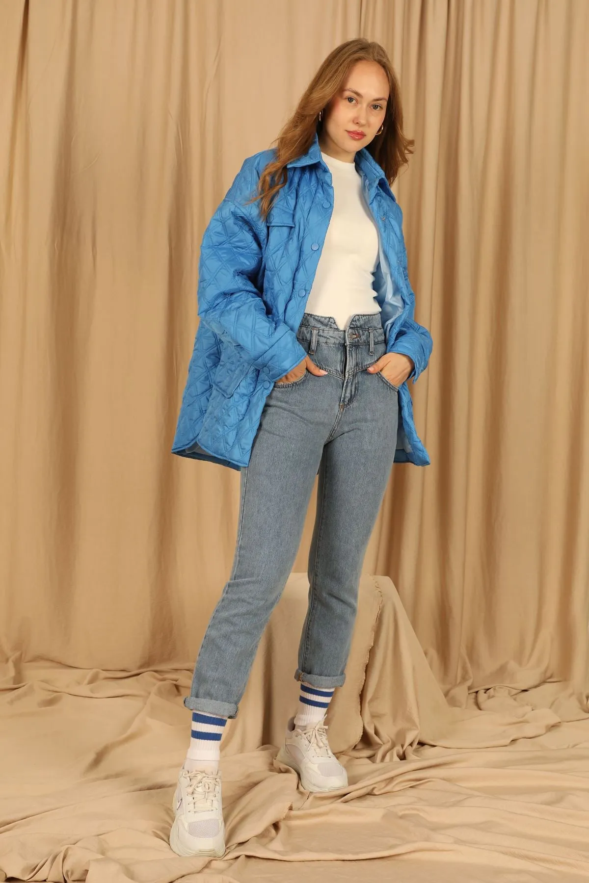 KKT Quilted Fabric Double Stitch Pattern Women Coats-Blue - Bellevue
