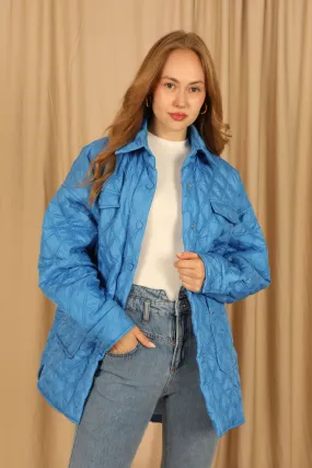 KKT Quilted Fabric Double Stitch Pattern Women Coats-Blue - Bellevue