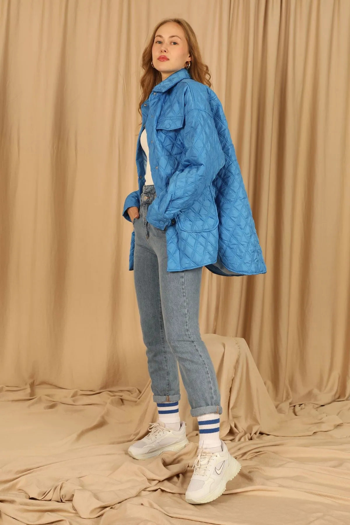 KKT Quilted Fabric Double Stitch Pattern Women Coats-Blue - Bellevue