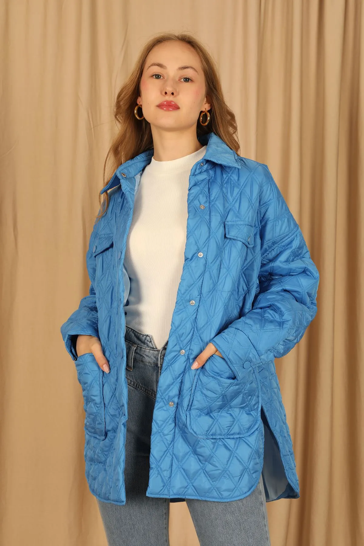 KKT Quilted Fabric Double Stitch Pattern Women Coats-Blue - Bellevue