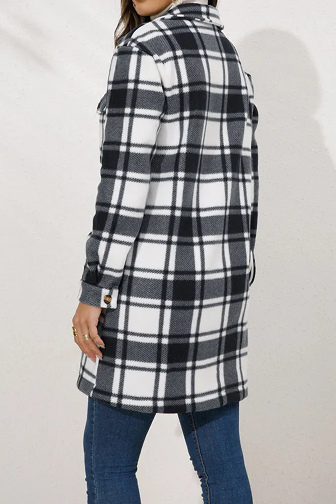 Lapel Pockets Plaid Long Shacket Jacket