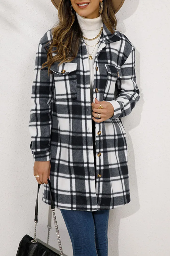 Lapel Pockets Plaid Long Shacket Jacket