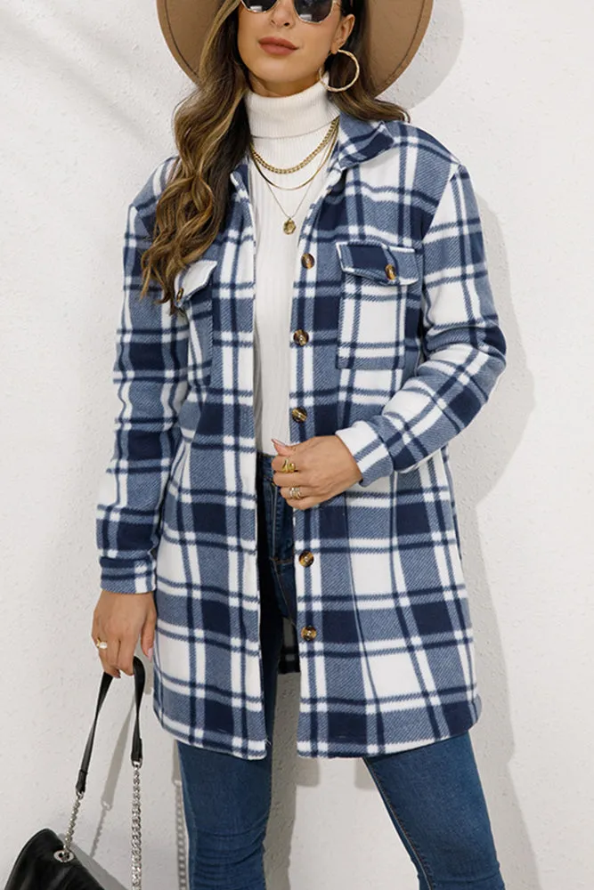 Lapel Pockets Plaid Long Shacket Jacket