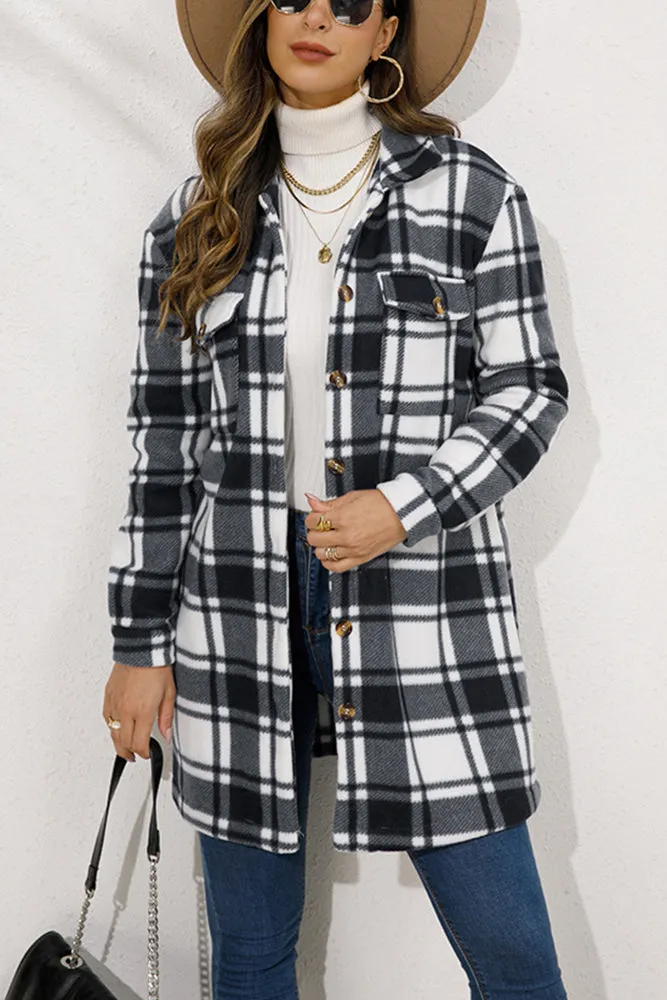 Lapel Pockets Plaid Long Shacket Jacket