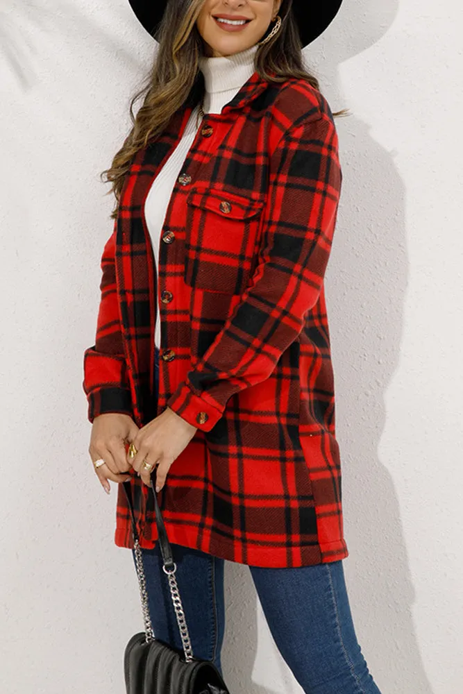 Lapel Pockets Plaid Long Shacket Jacket