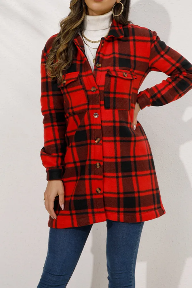 Lapel Pockets Plaid Long Shacket Jacket