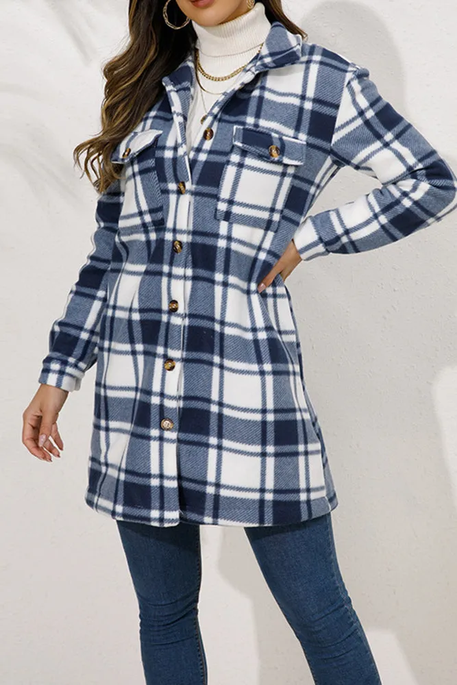 Lapel Pockets Plaid Long Shacket Jacket