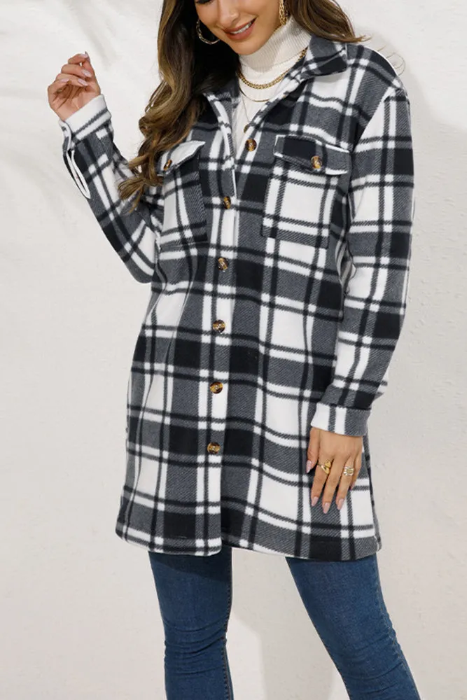 Lapel Pockets Plaid Long Shacket Jacket