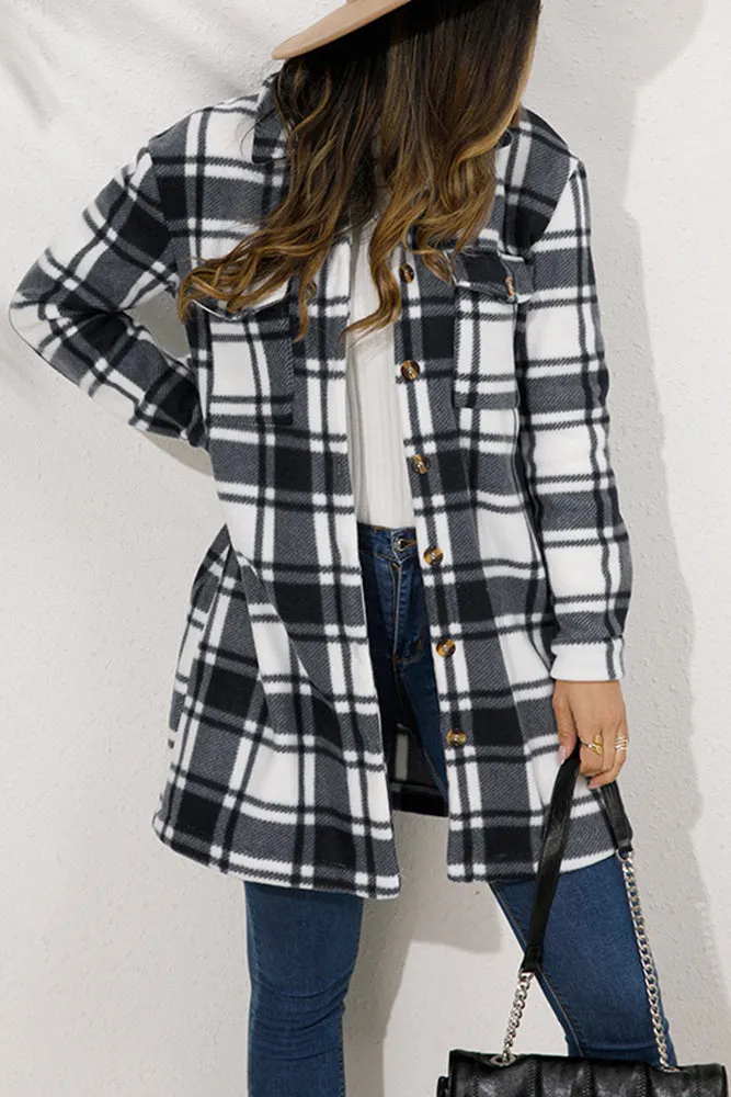 Lapel Pockets Plaid Long Shacket Jacket