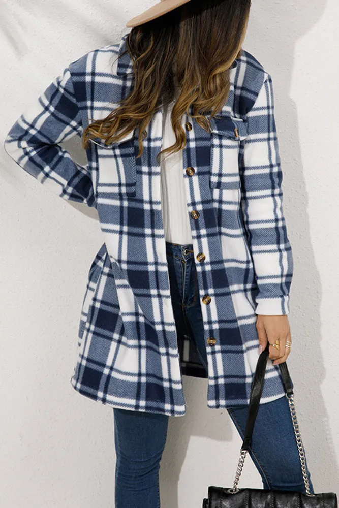Lapel Pockets Plaid Long Shacket Jacket