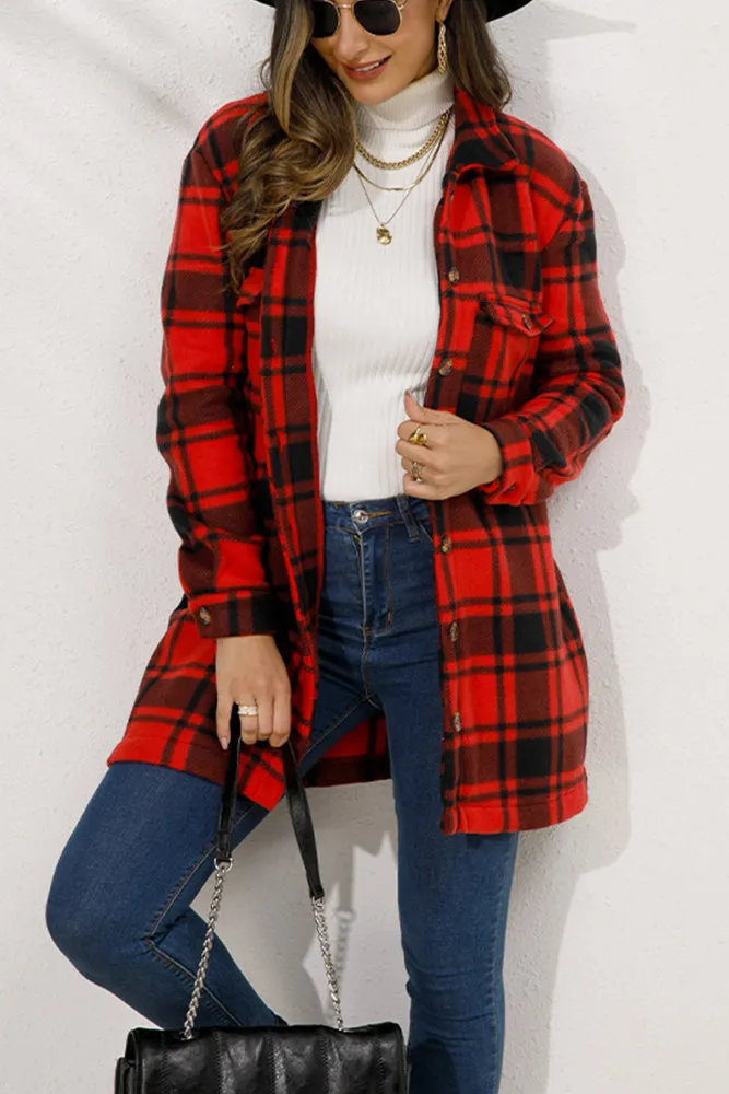 Lapel Pockets Plaid Long Shacket Jacket