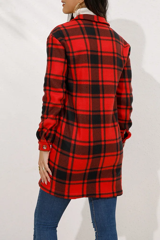Lapel Pockets Plaid Long Shacket Jacket