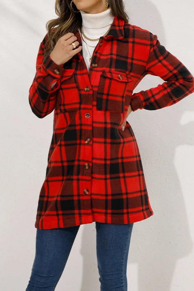 Lapel Pockets Plaid Long Shacket Jacket