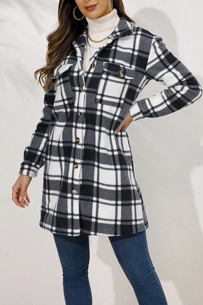 Lapel Pockets Plaid Long Shacket Jacket