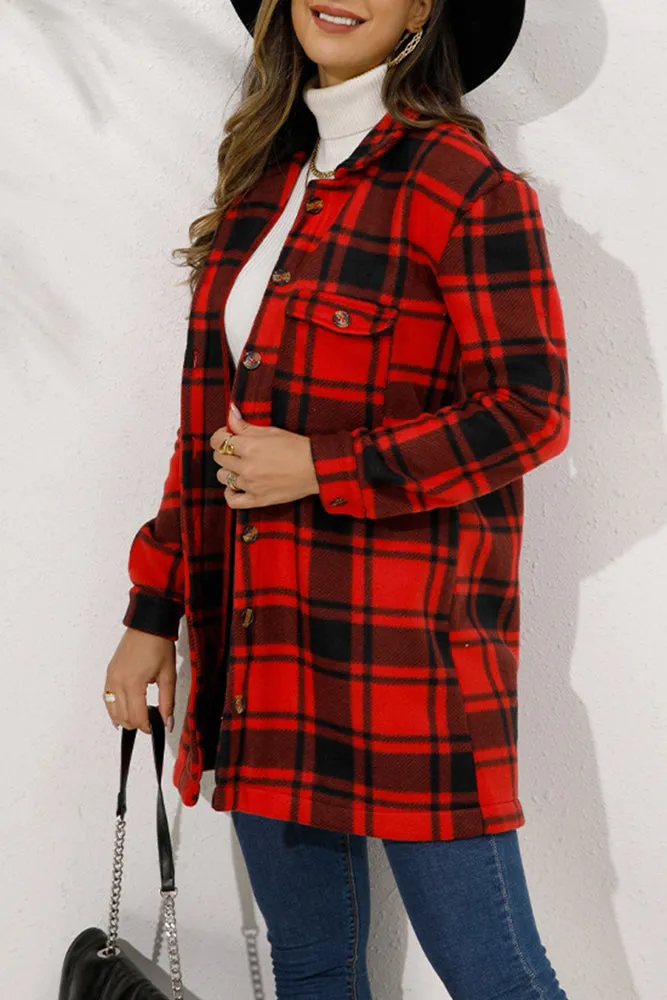 Lapel Pockets Plaid Long Shacket Jacket