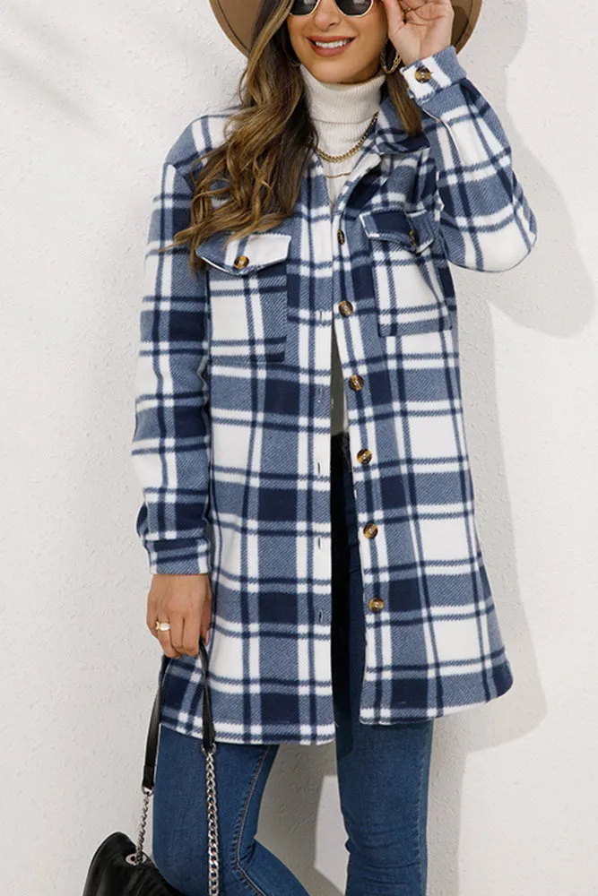 Lapel Pockets Plaid Long Shacket Jacket