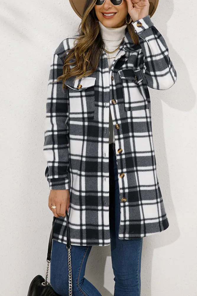 Lapel Pockets Plaid Long Shacket Jacket