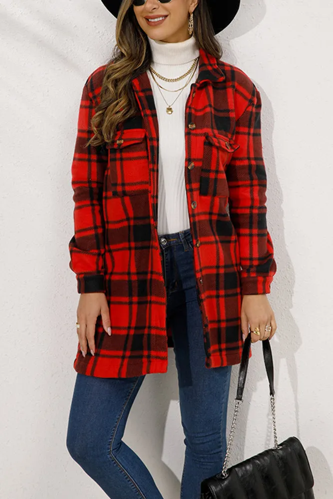 Lapel Pockets Plaid Long Shacket Jacket
