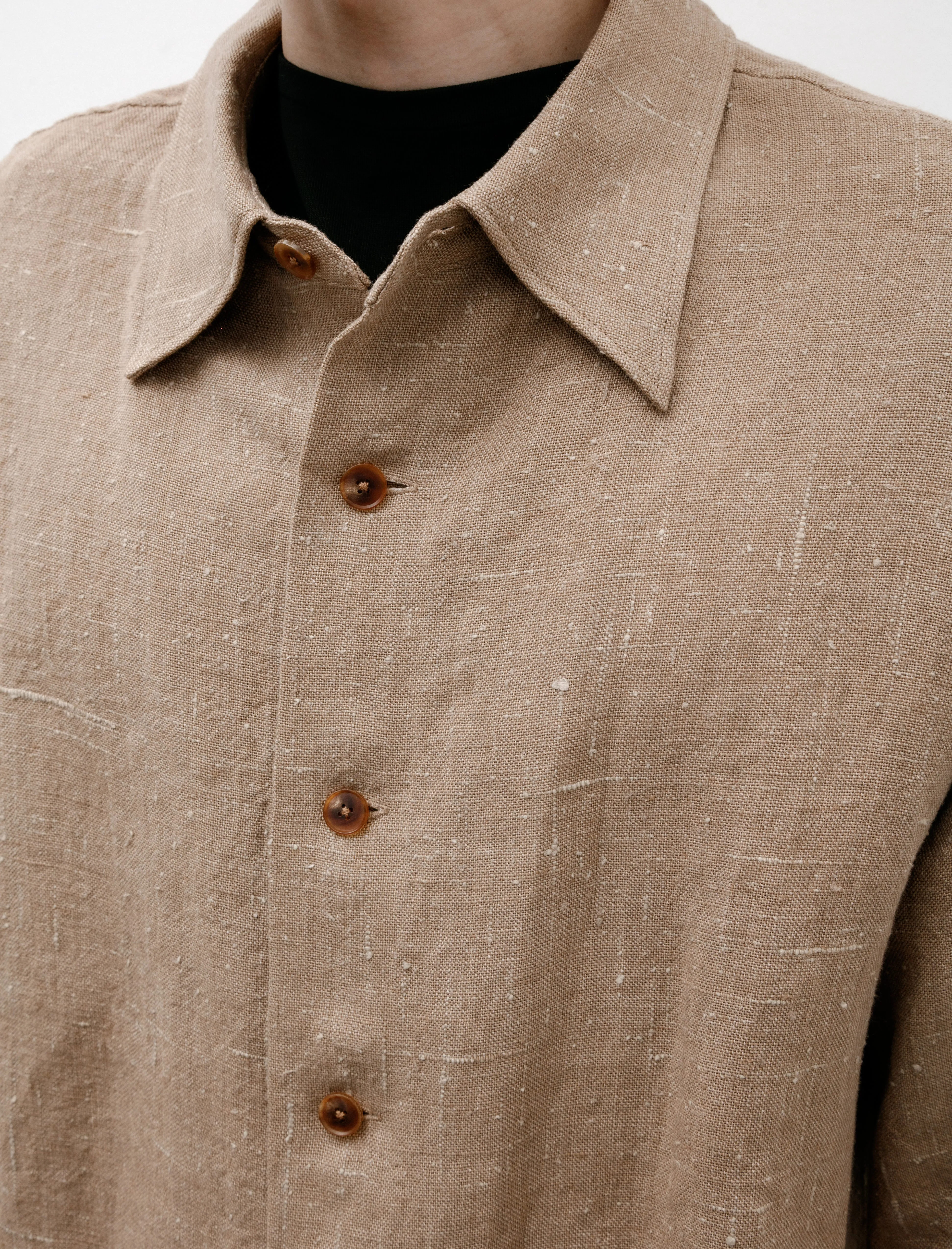 Linen Silk Tweed Half Sleeve Shirt Brown