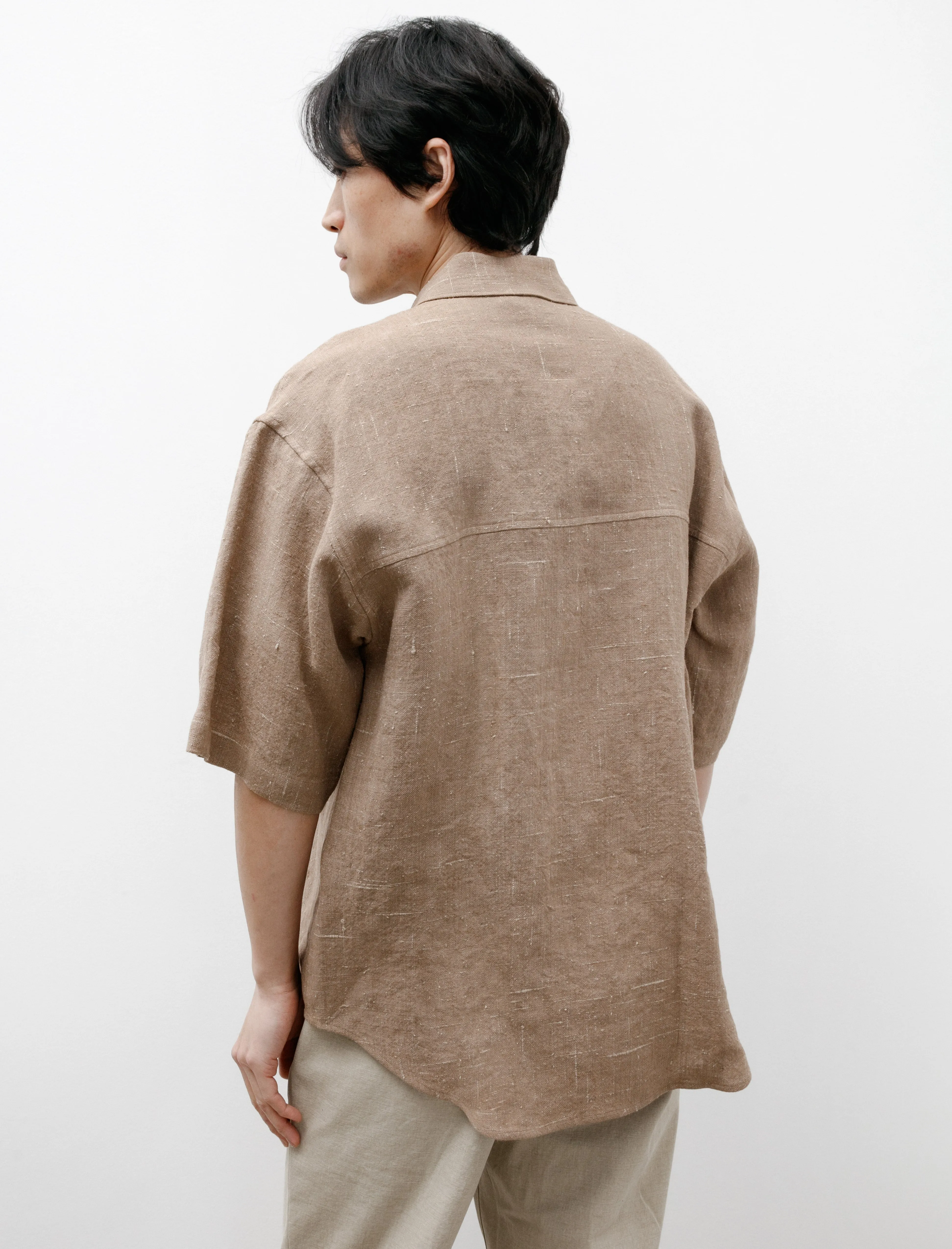 Linen Silk Tweed Half Sleeve Shirt Brown