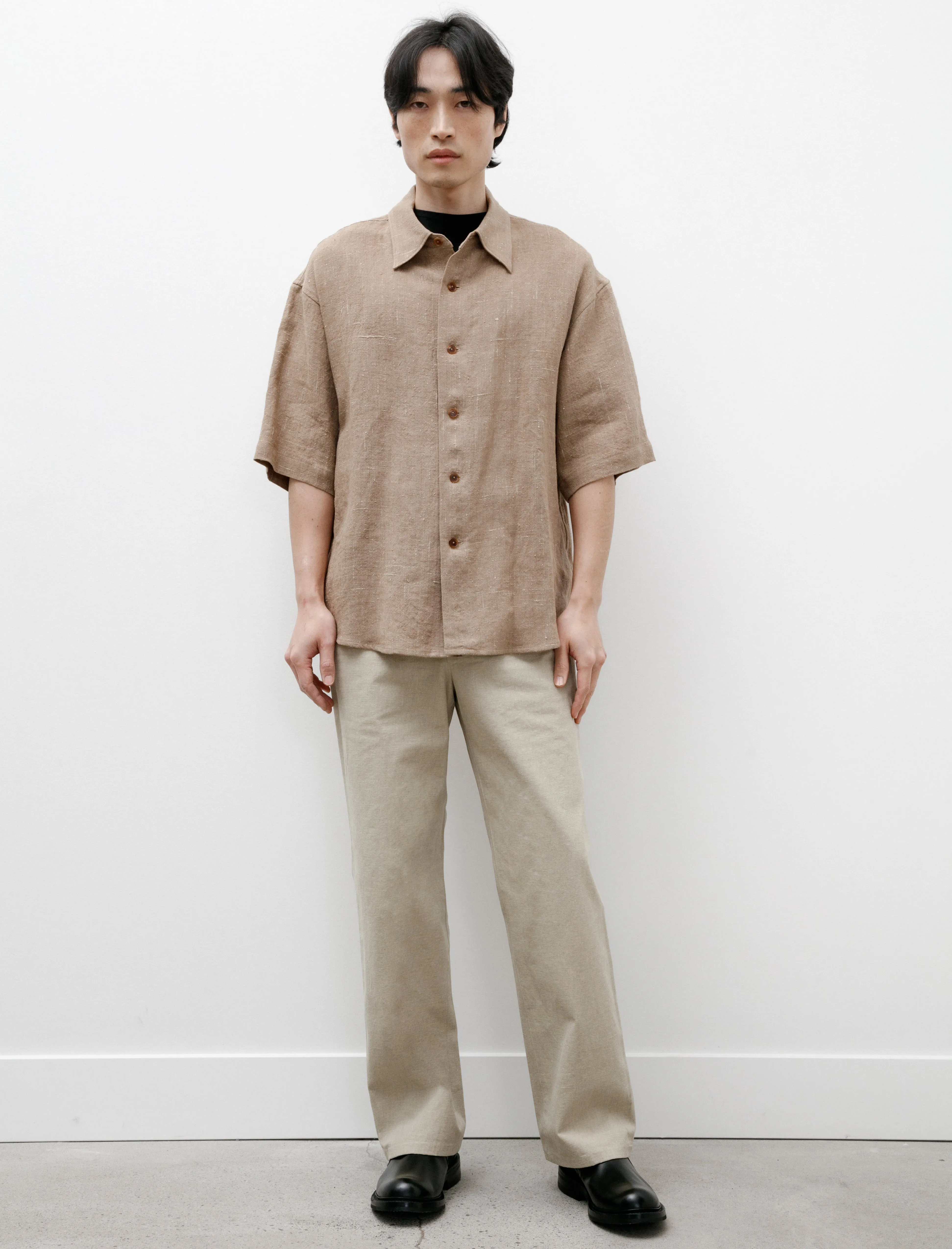 Linen Silk Tweed Half Sleeve Shirt Brown