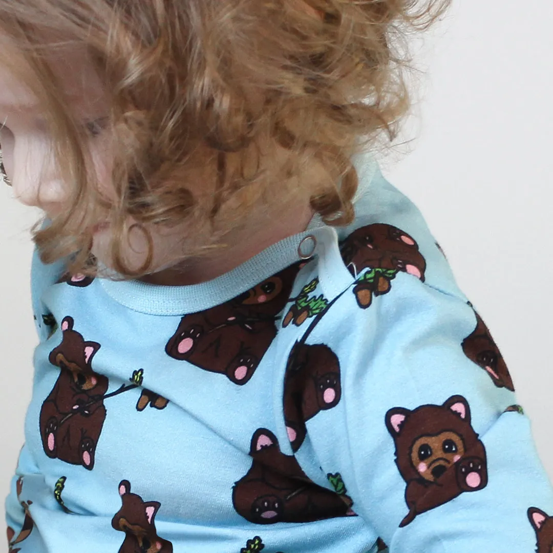 Long sleeved bodysuit- bear cub, stratosphere blue