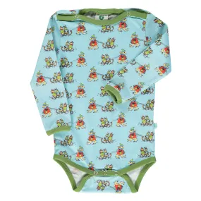 Long sleeved bodysuit- sledding rabbits, stratosphere blue