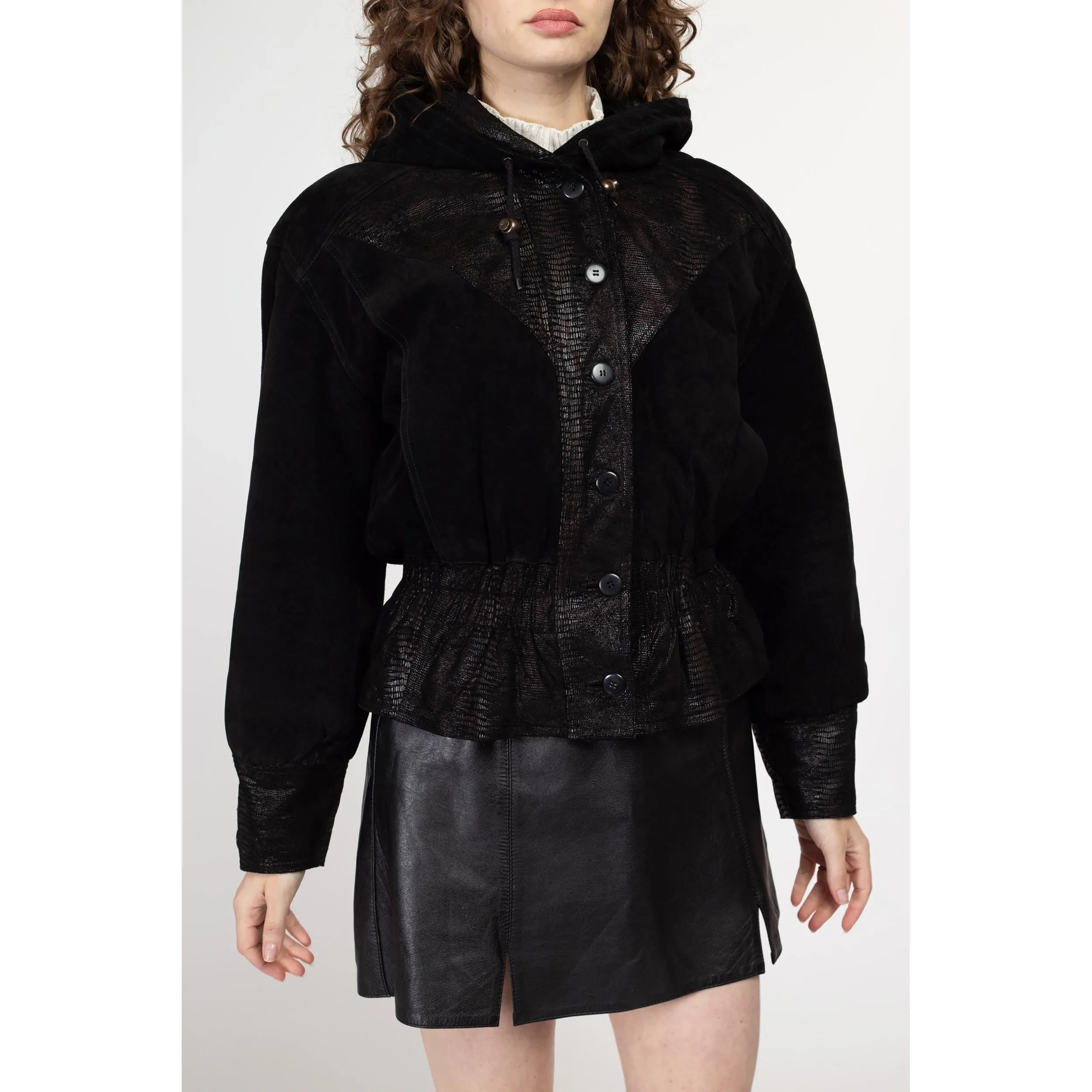 Medium 80s Black Embossed Suede Cropped Hooded Jacket