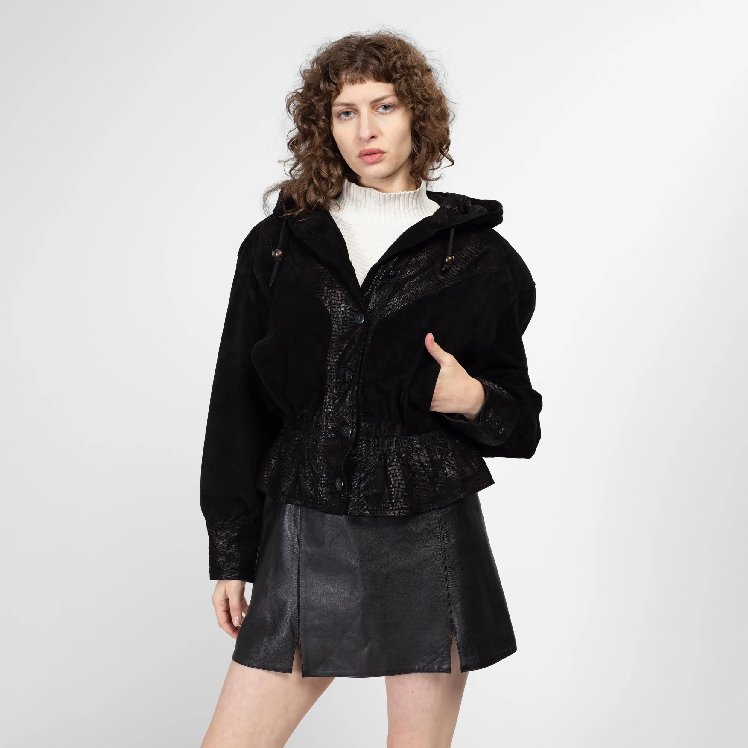 Medium 80s Black Embossed Suede Cropped Hooded Jacket