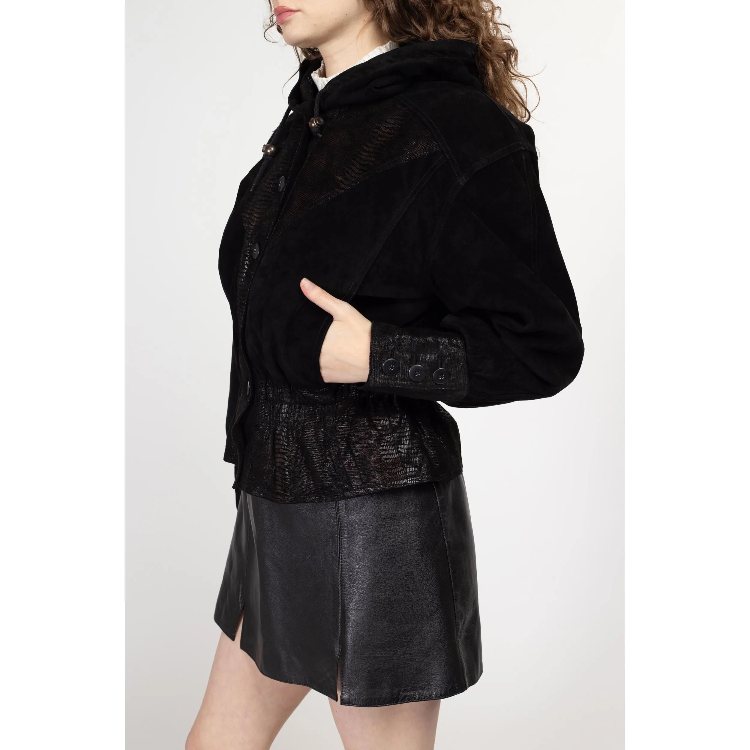 Medium 80s Black Embossed Suede Cropped Hooded Jacket