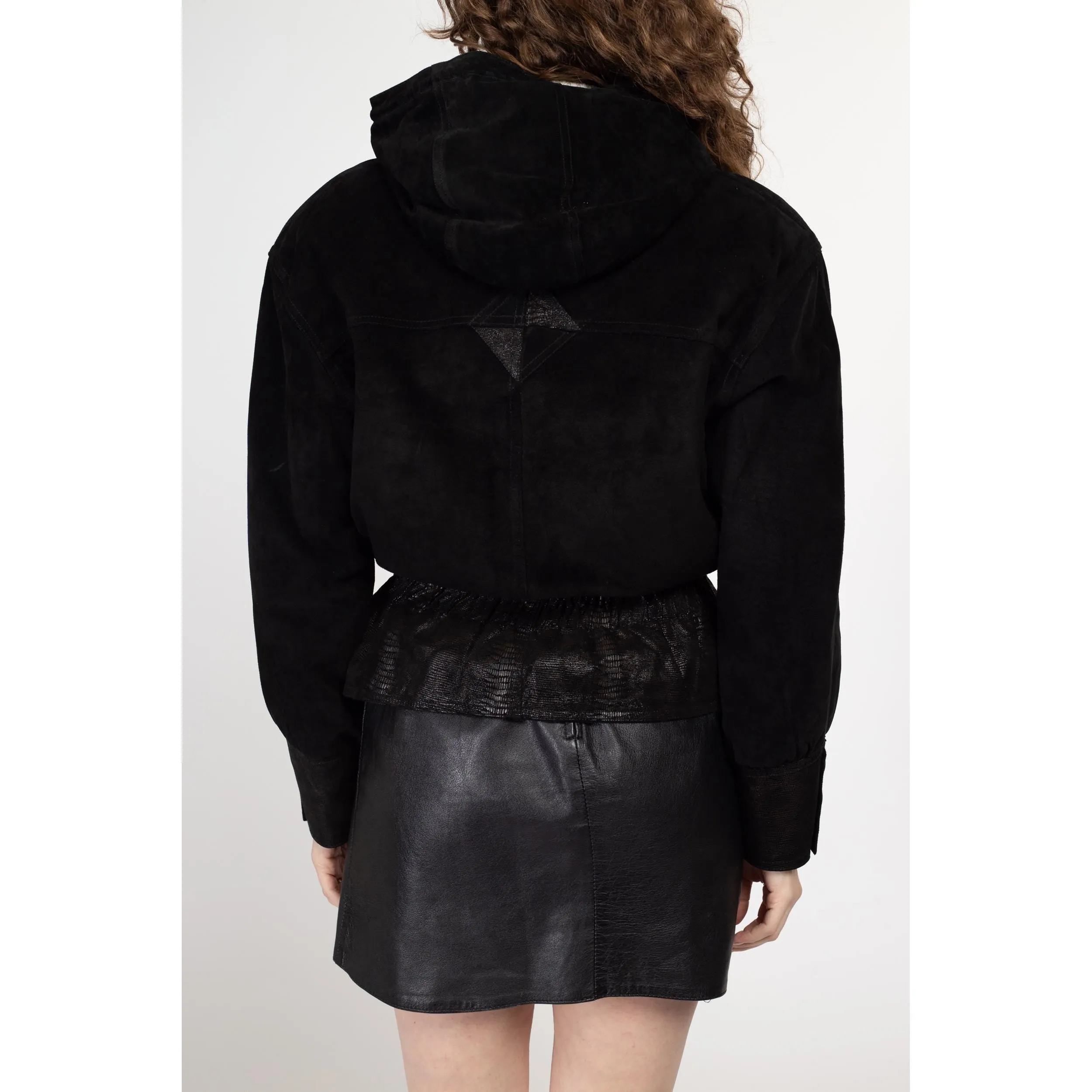 Medium 80s Black Embossed Suede Cropped Hooded Jacket