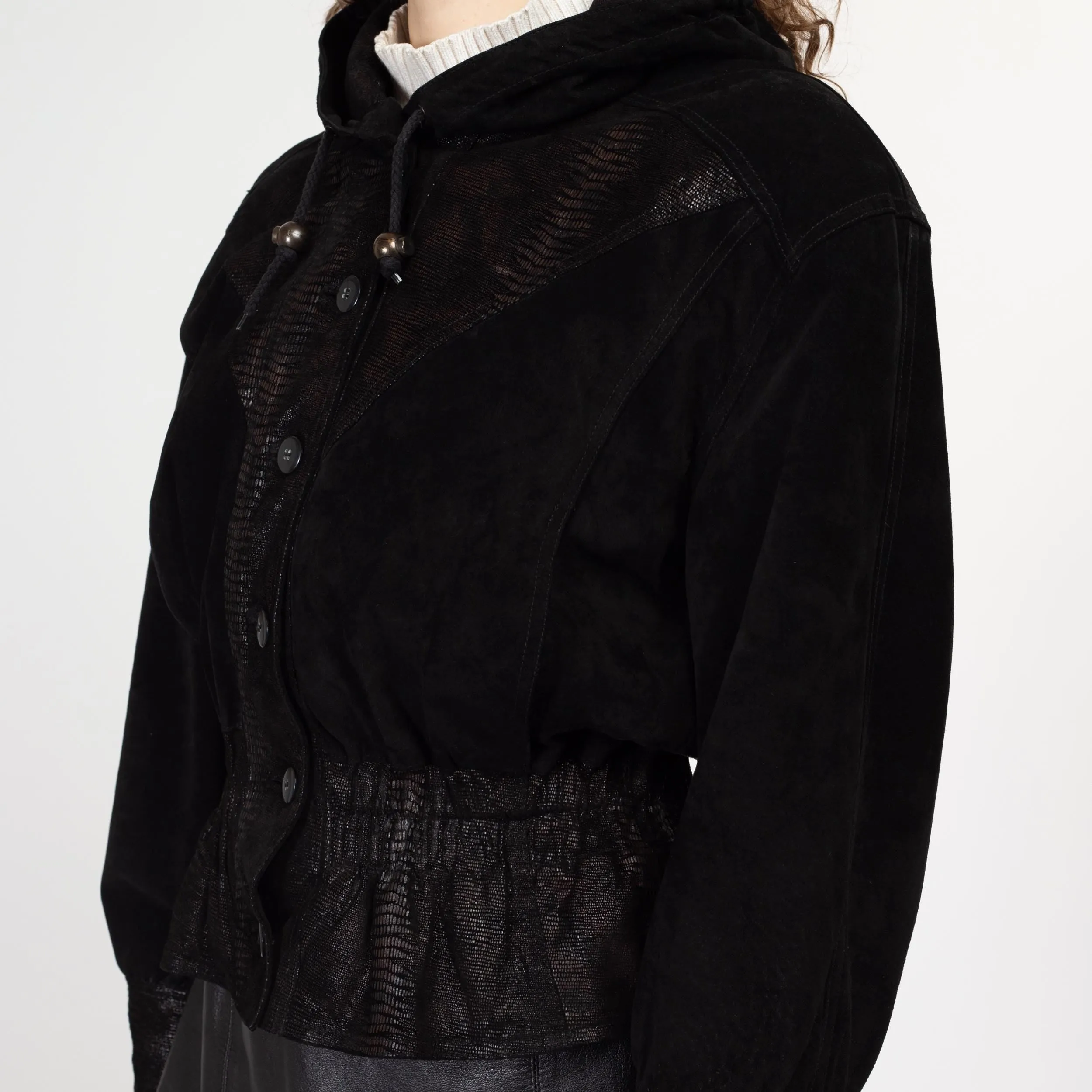 Medium 80s Black Embossed Suede Cropped Hooded Jacket