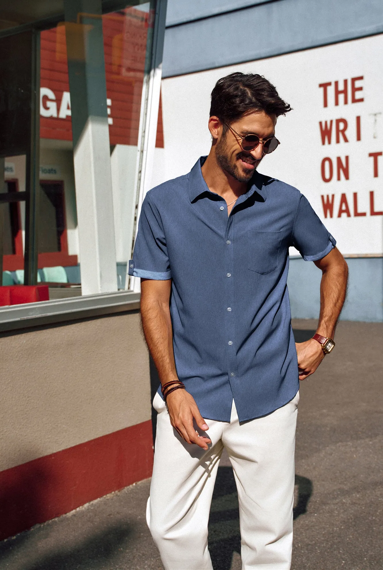 Men Straight Shirt Casual Short Sleeve Lapel Collar Button-up Tops